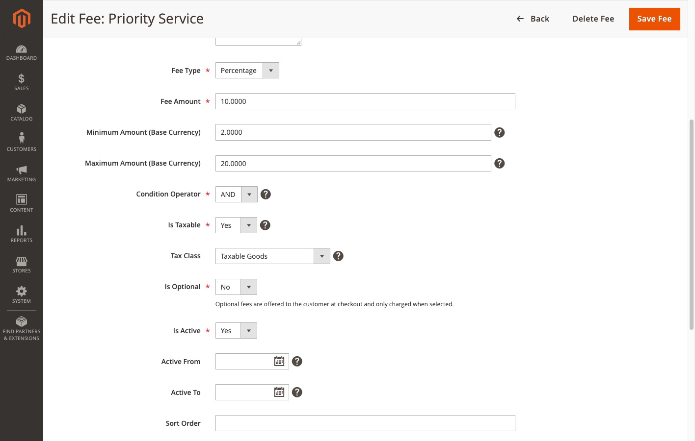 Fee edit form with the Fee Details fieldset and the condition builder