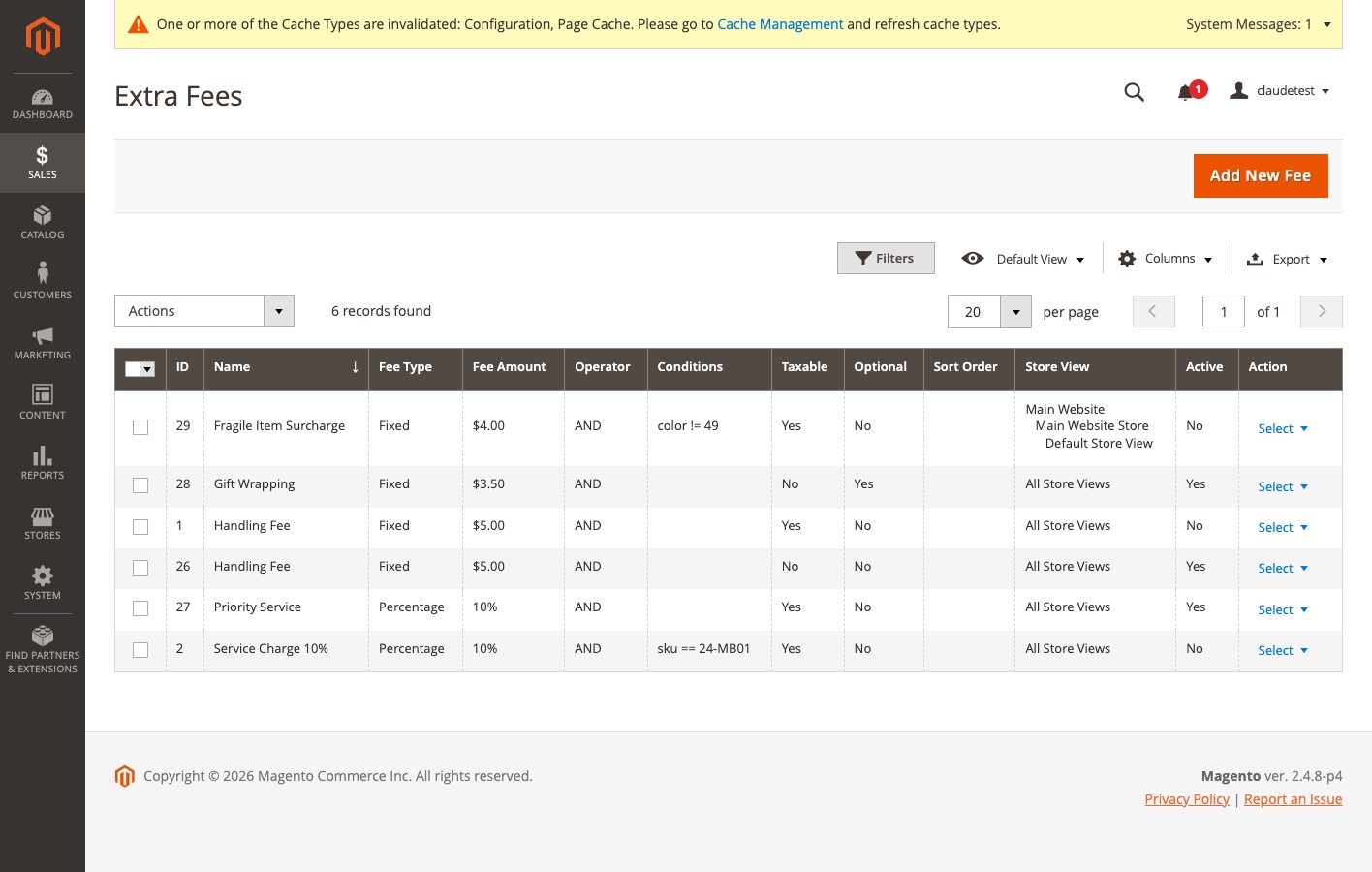 Admin fee grid listing fees with type, amount, conditions, and status columns