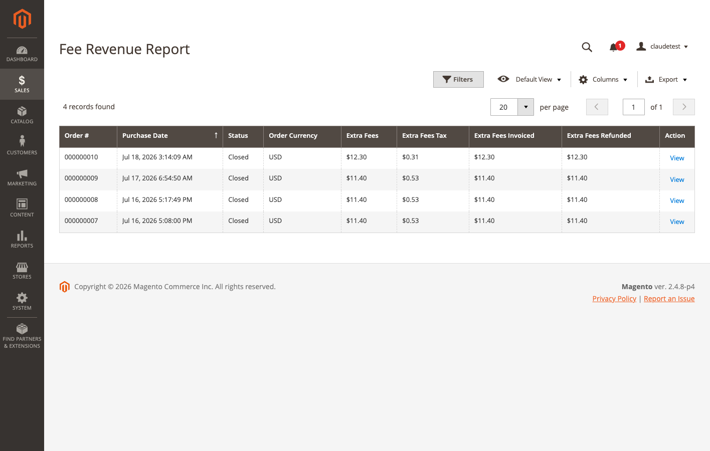 Fee Revenue report grid with per-order fee, tax, invoiced, and refunded columns