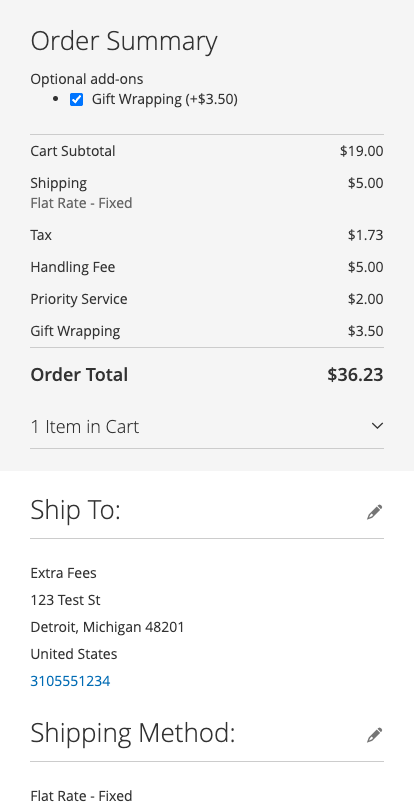 Checkout order summary with an unchecked optional add-on fee checkbox