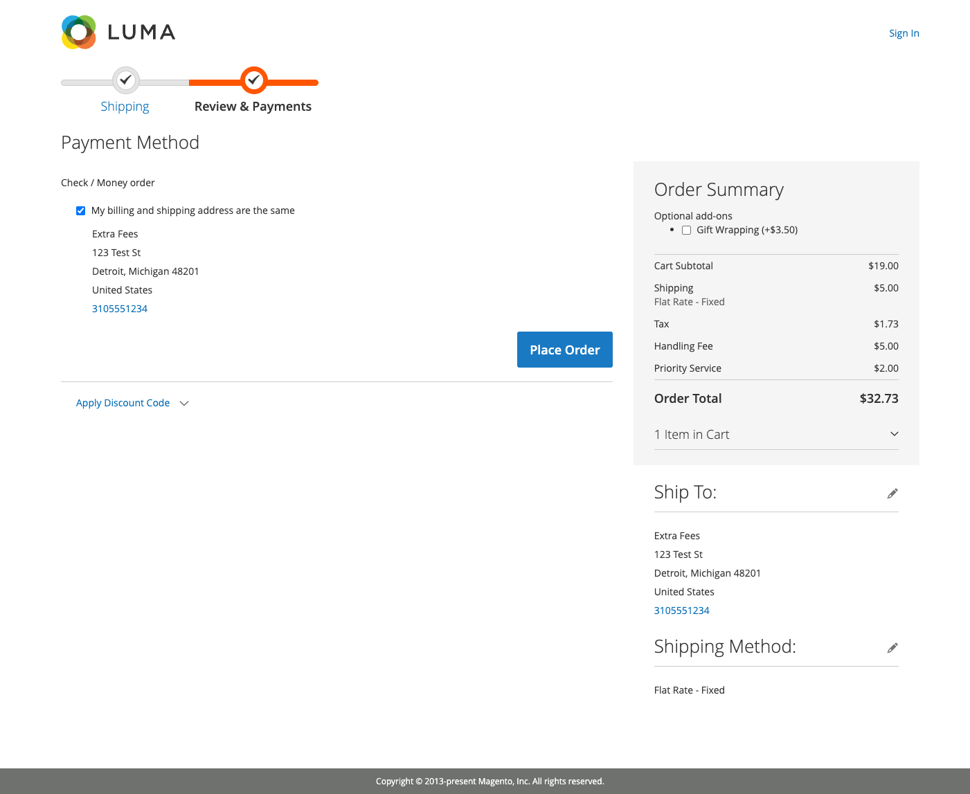 Checkout order summary showing three separate fee lines in the totals