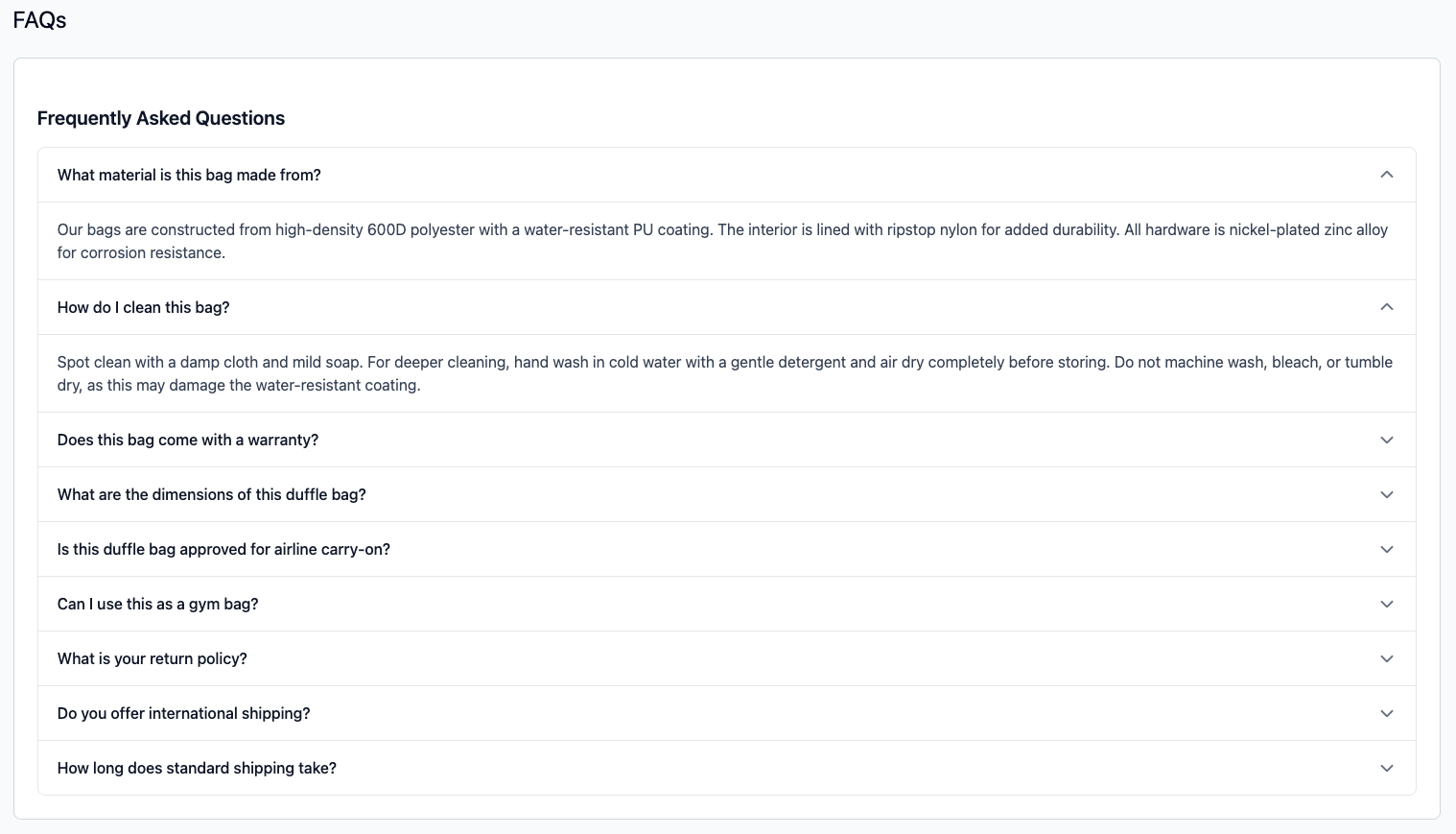 FAQ tab on a Hyva product page