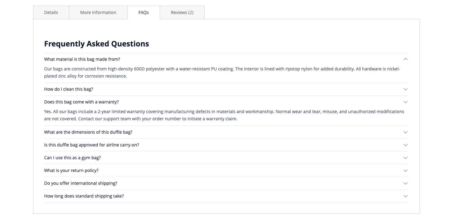 FAQ tab on a Luma product page