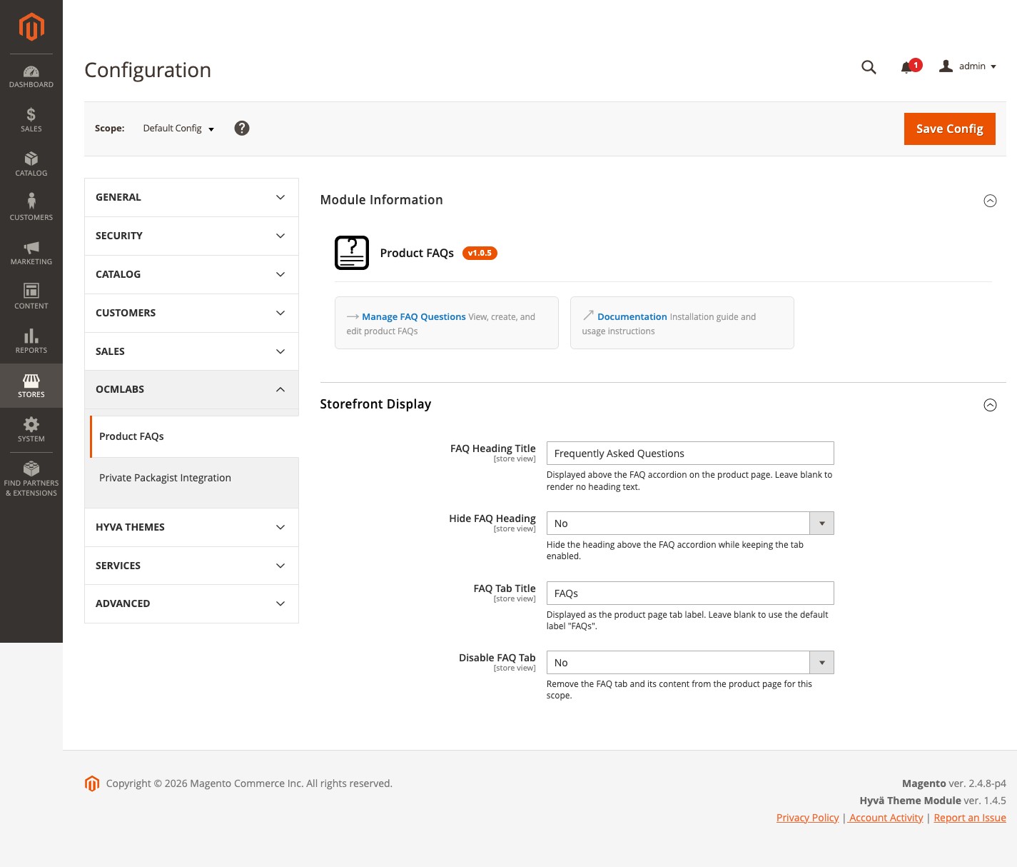 FAQ system configuration panel