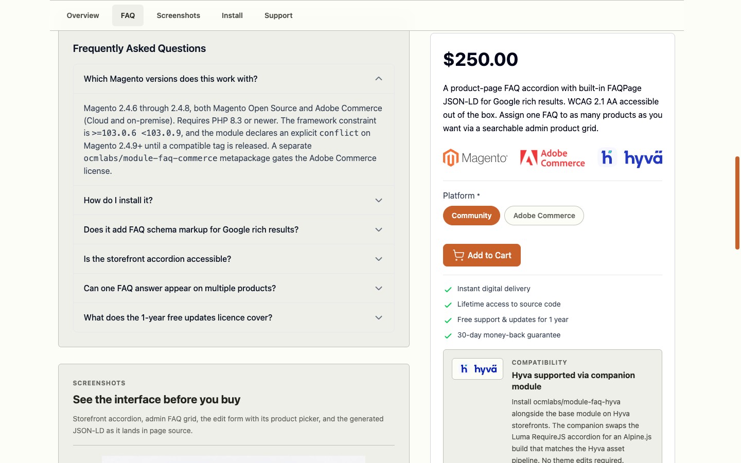 FAQ tab in the storefront product detail view