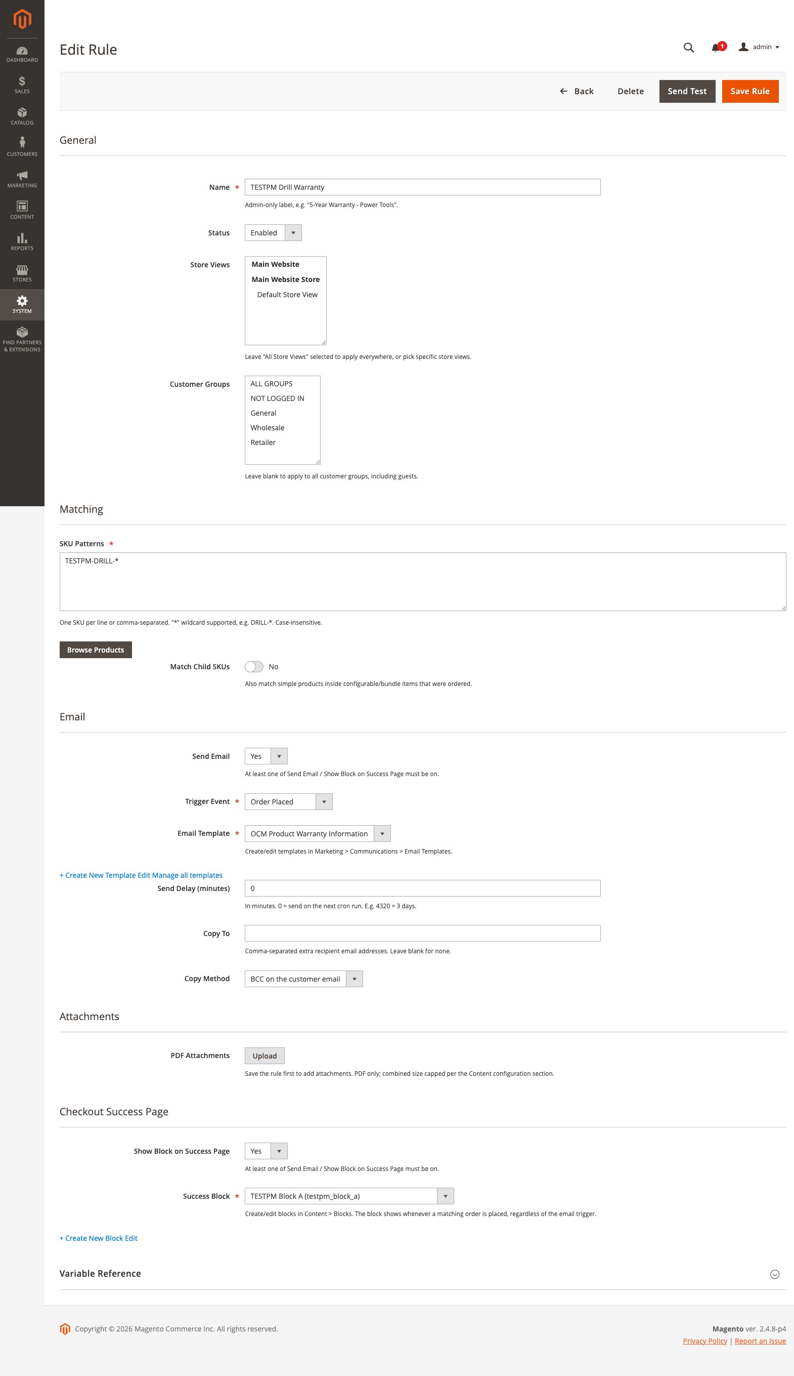 Edit Rule form with General, Matching, Email, Attachments, and Checkout Success Page sections