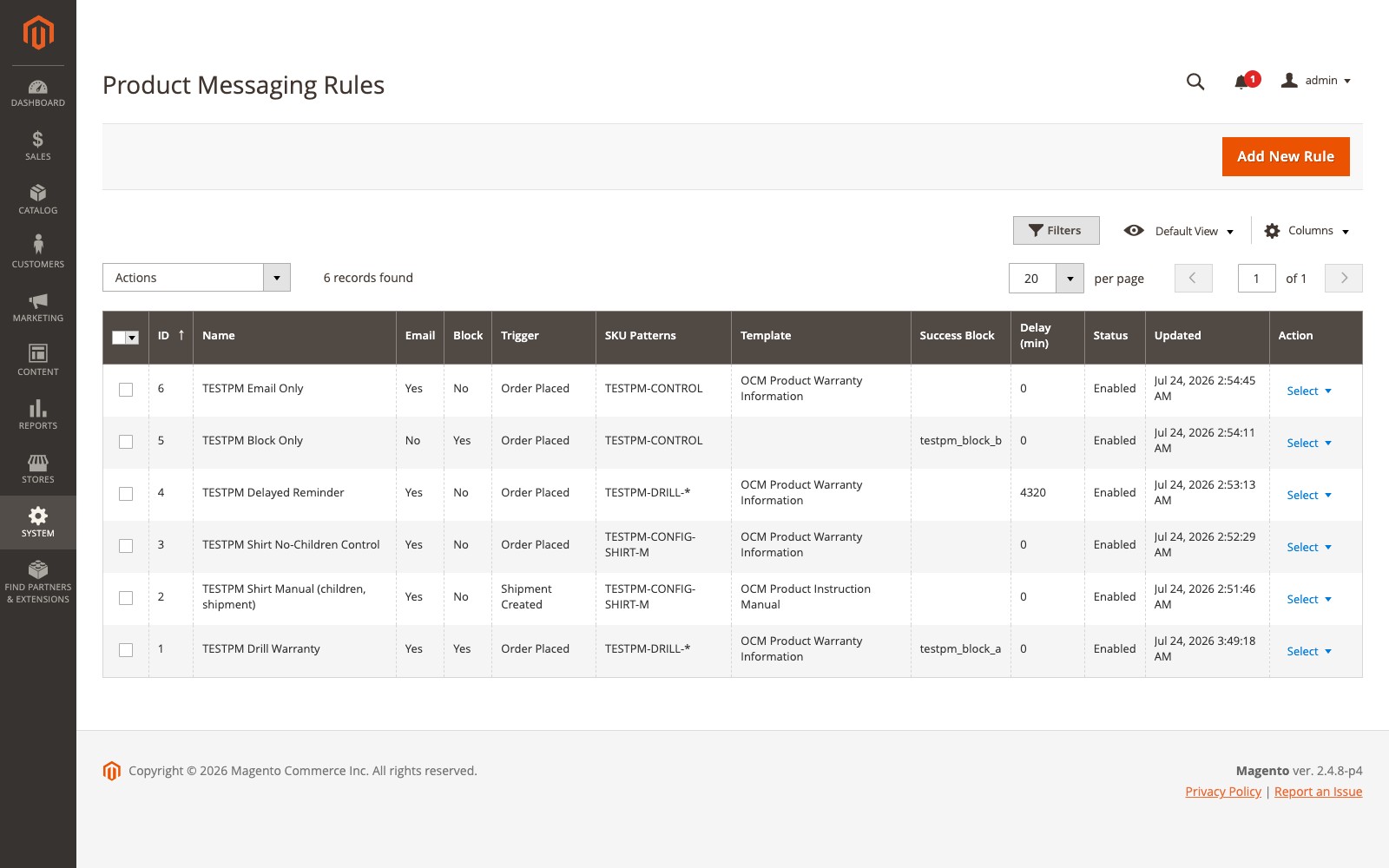 Product Messaging rule grid showing actions, trigger, SKU patterns, template, and status columns