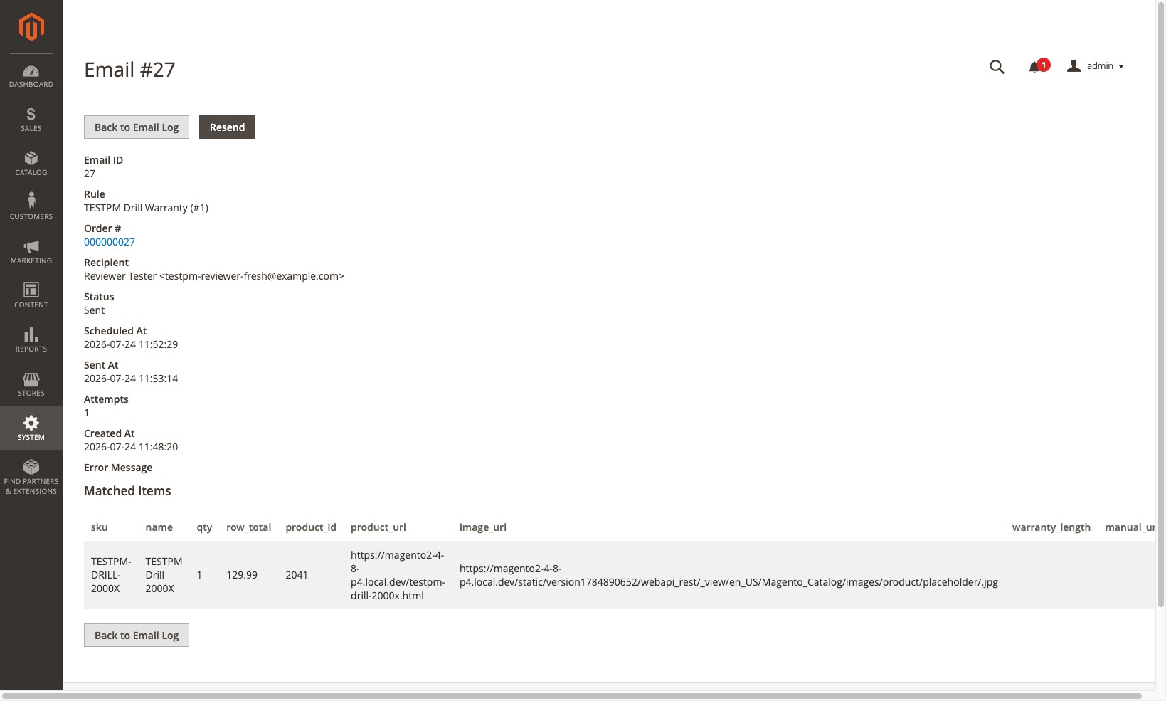 Email Log detail page showing the queued email's status, matched items, and error detail