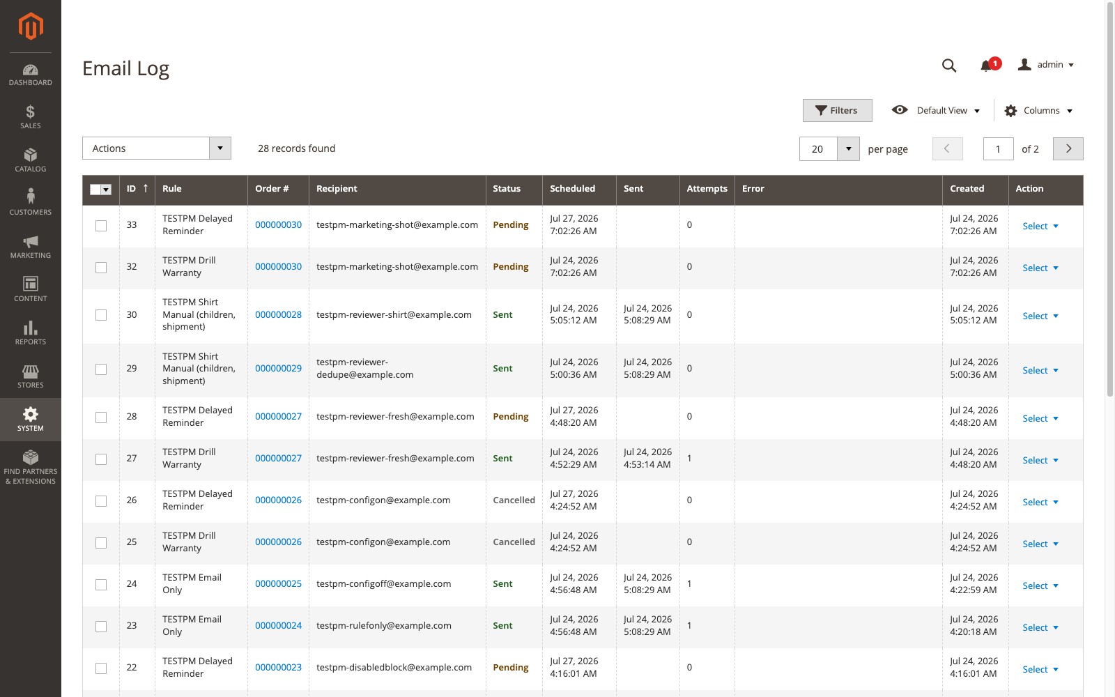 Email Log grid listing queued and sent emails with rule, order, recipient, status, and attempt columns