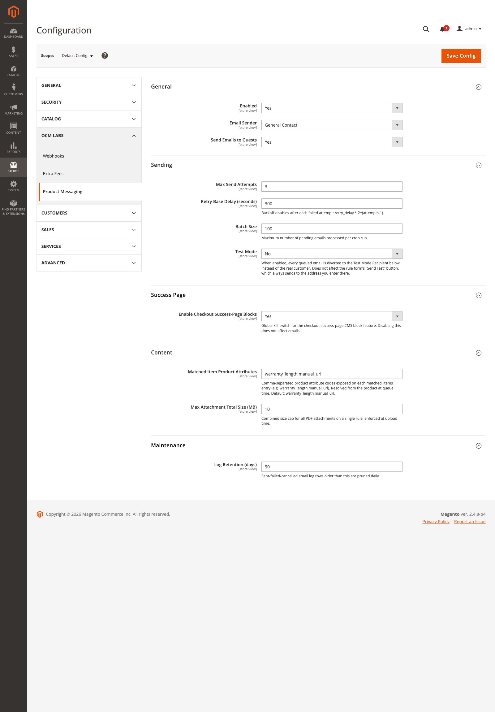 Product Messaging configuration section in Stores > Configuration