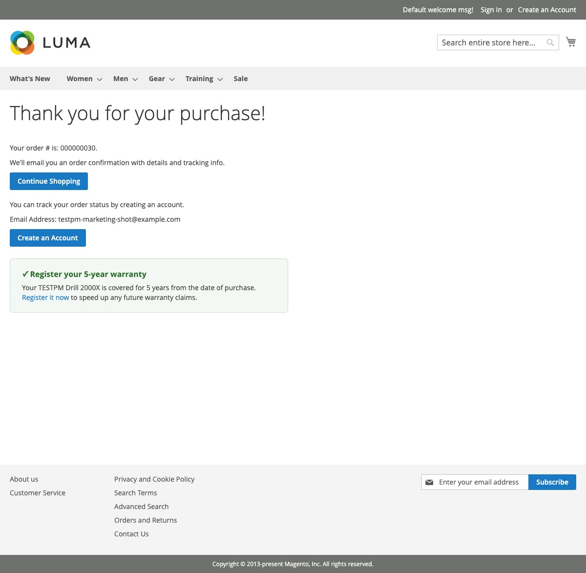 Checkout success page showing a warranty registration block for a matched product
