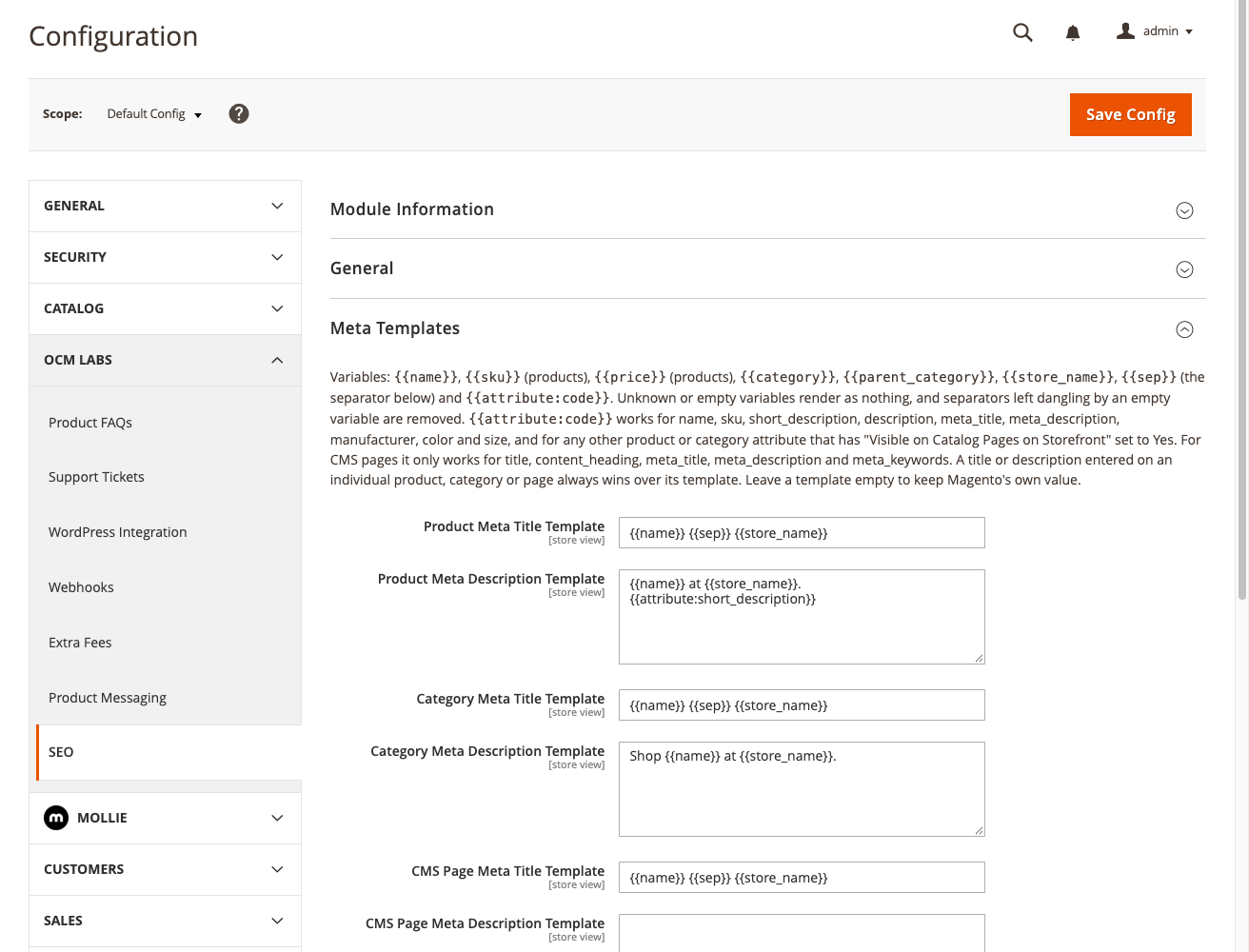 SEO configuration section in Stores > Configuration, showing the Meta Templates group with its variable list and default templates