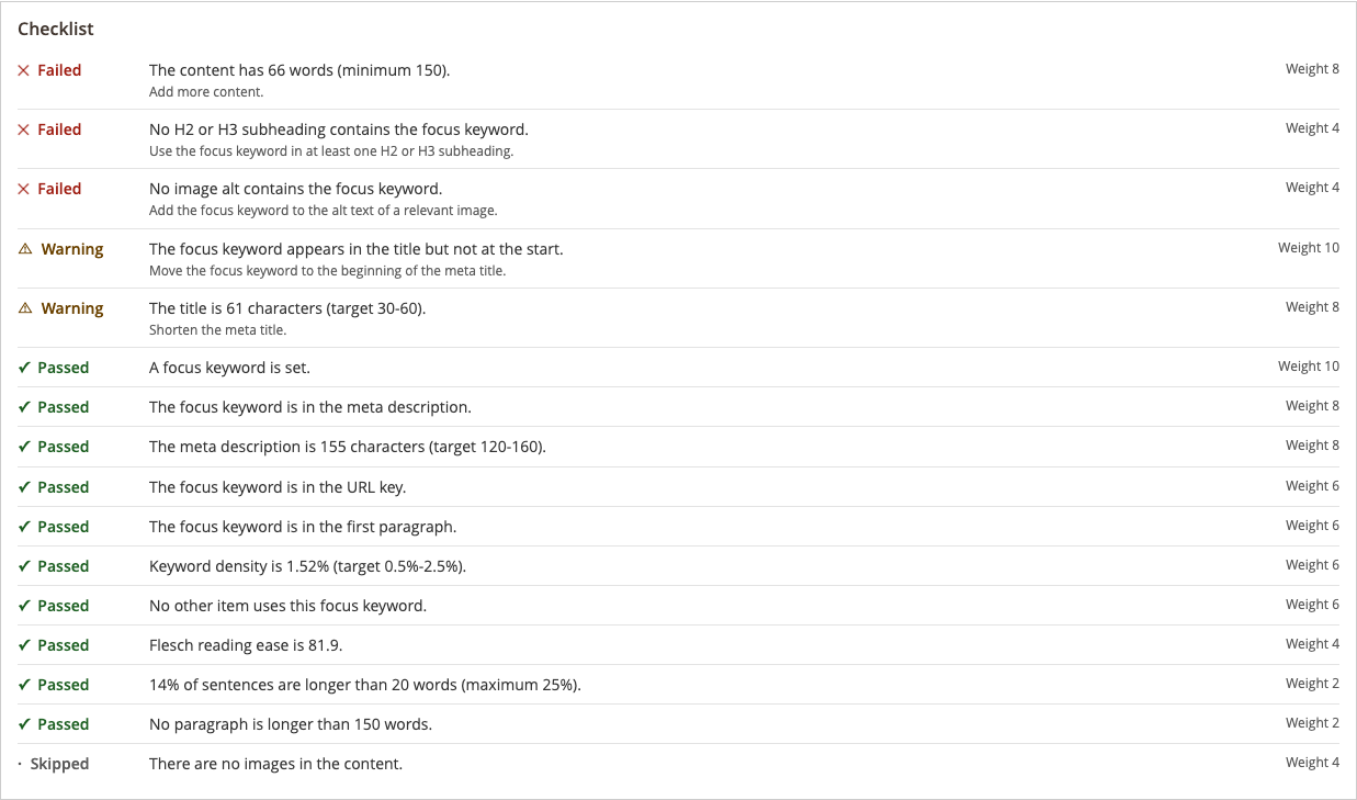 Checklist with failed, warning, passed, and skipped rows, each with a message, a fix hint, and its weight