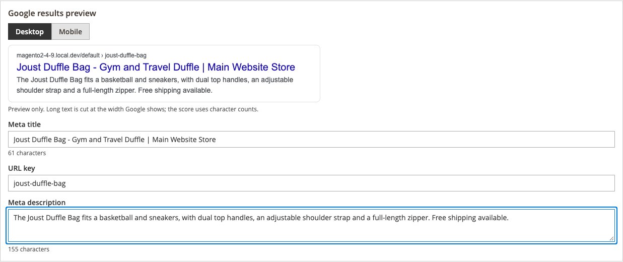 Google results preview in Desktop mode with editable Meta title, URL key, and Meta description fields and their character counts