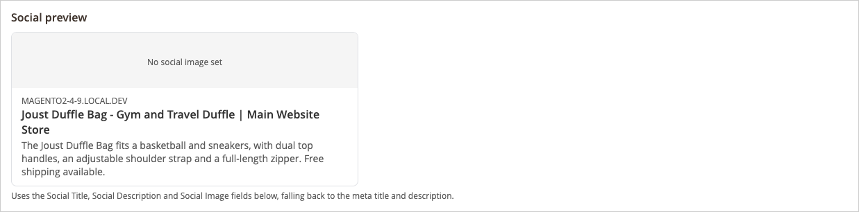 Social preview card showing the domain, title, and description with "No social image set" in the image area