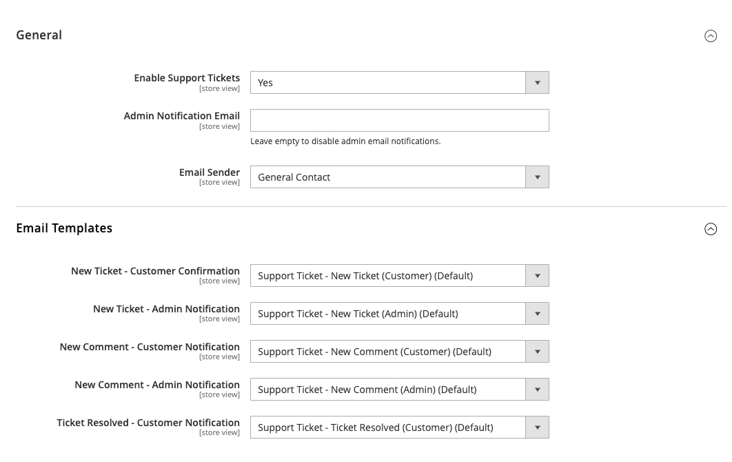 Support Tickets admin configuration panel