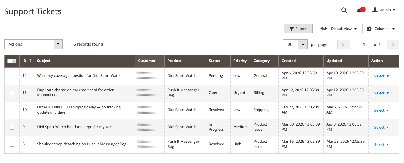 Support Tickets admin grid