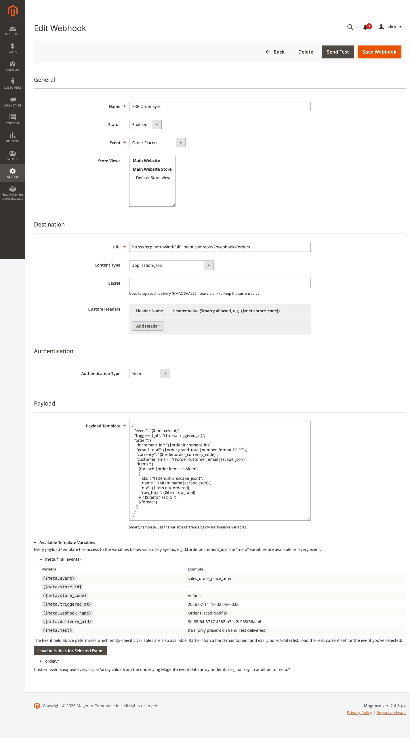 Webhook edit form with payload template and the Available Template Variables panel