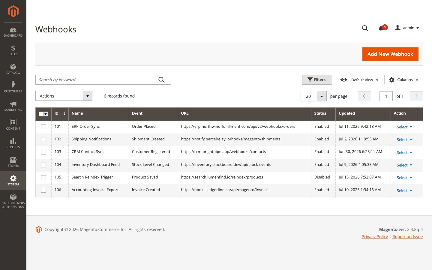OCMLabs Webhooks admin grid