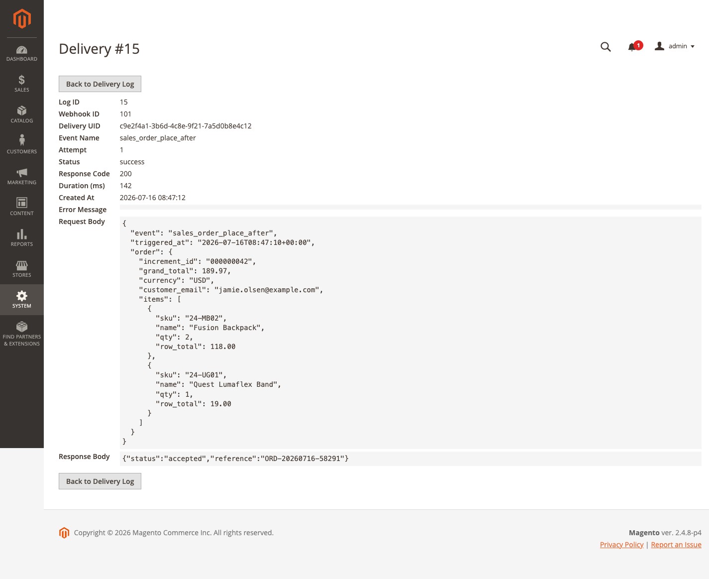 Delivery log detail with request and response bodies