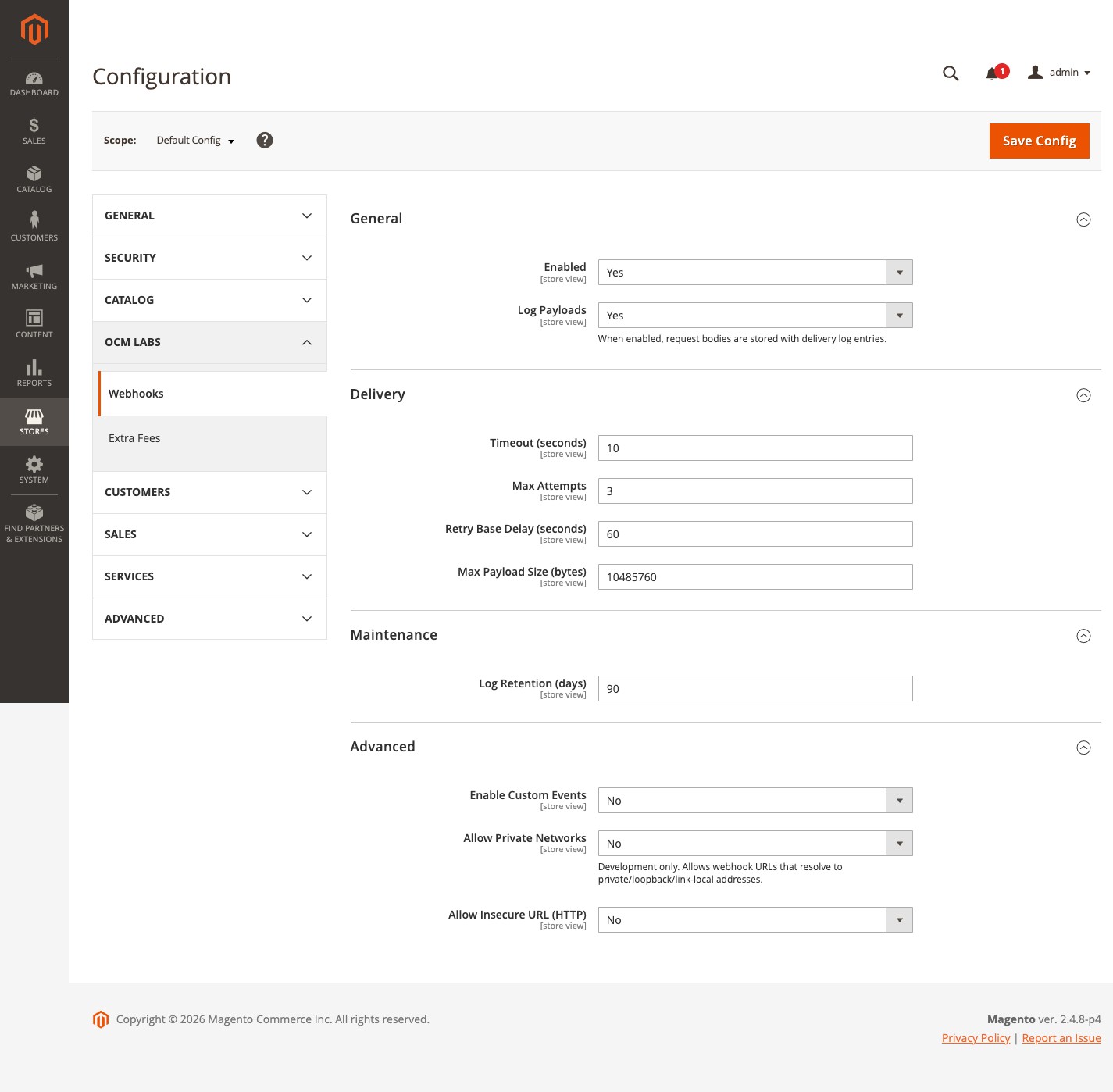 OCMLabs Webhooks configuration section